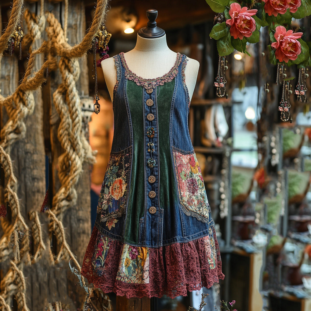 Vintage Denim Patchwork Lace Art Sleeveless Dress artswardrobe