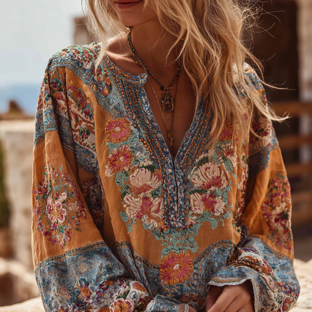 Bohemian Style Embroidered Flower Long-sleeved V-neck Bright Yellow Distressed Long-sleeved Top artswardrobe