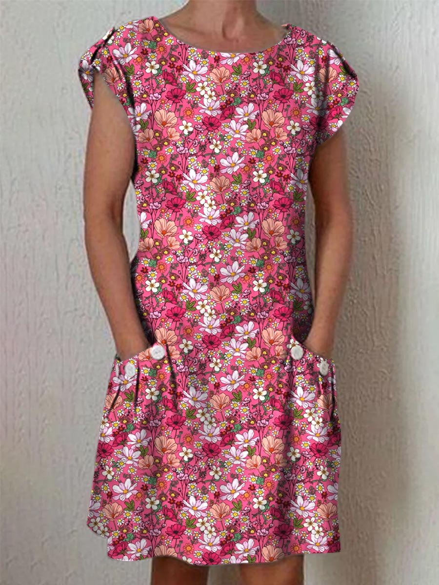 Women's Elegant Rose Floral Pattern Cotton And Linen Dress With Pockets