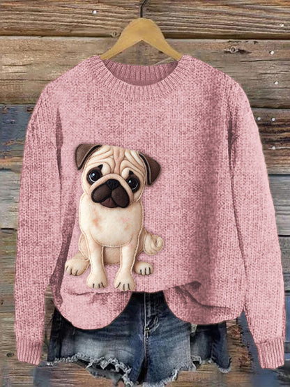 Comstylish Loyal Pug Dog Felt Art Cozy Knit Sweater