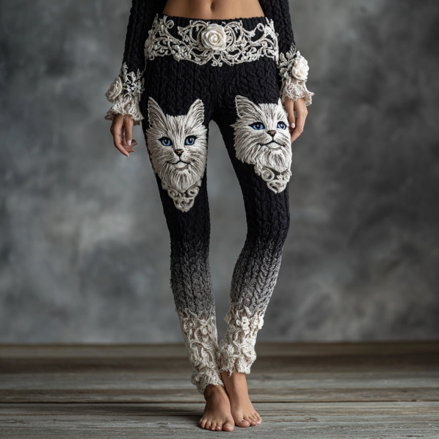 Women's Cute Cat Face Lace Embroidered Gradient Cozy Leggings elevenforest