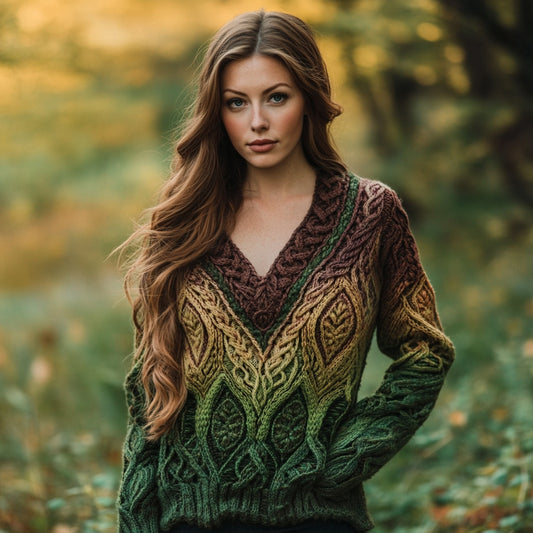 Women's Intricate Celtic Knot Leaf Jacquard V Neck Sweater elevenforest