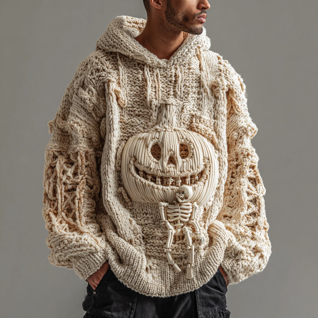 Men's Spooky Pumpkin And Skull Pattern Knitted Warm Hooded Sweater artswardrobe