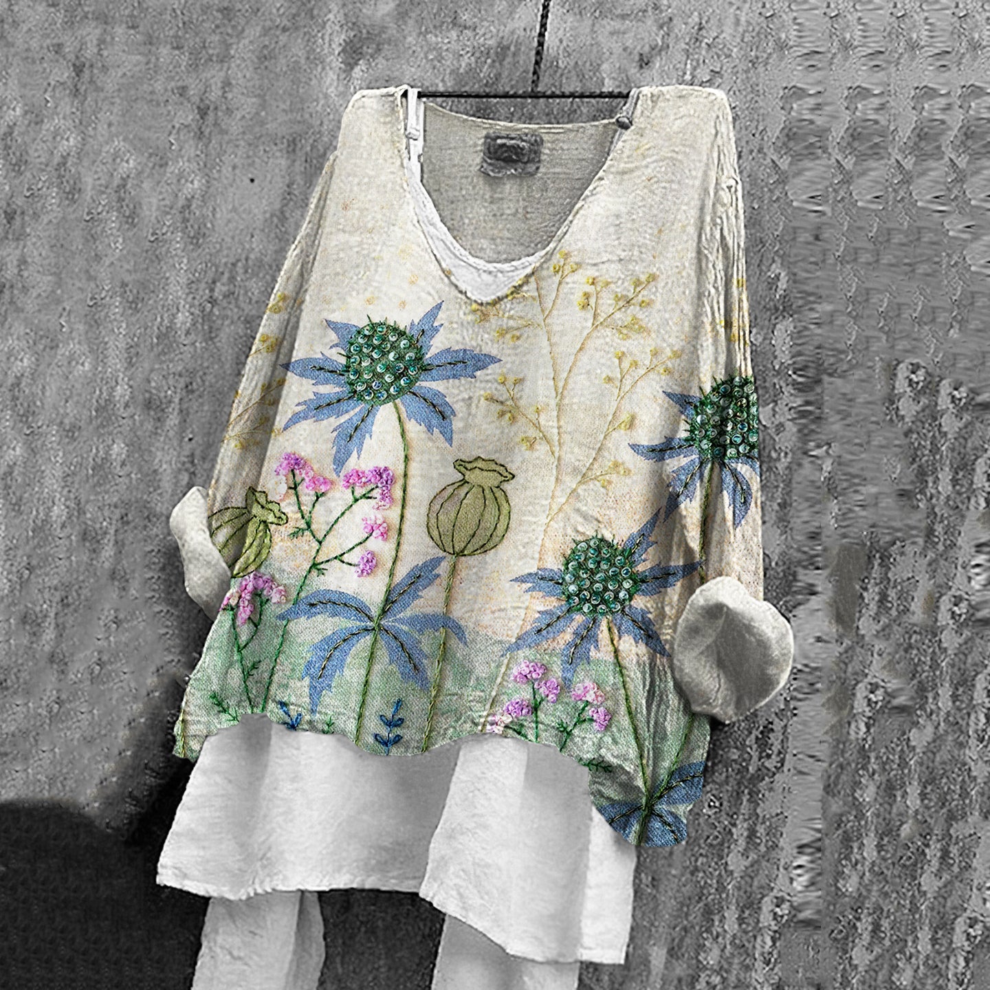 Women's Vintage Floral Embroidered Linen Blend Cozy Shirt artswardrobe