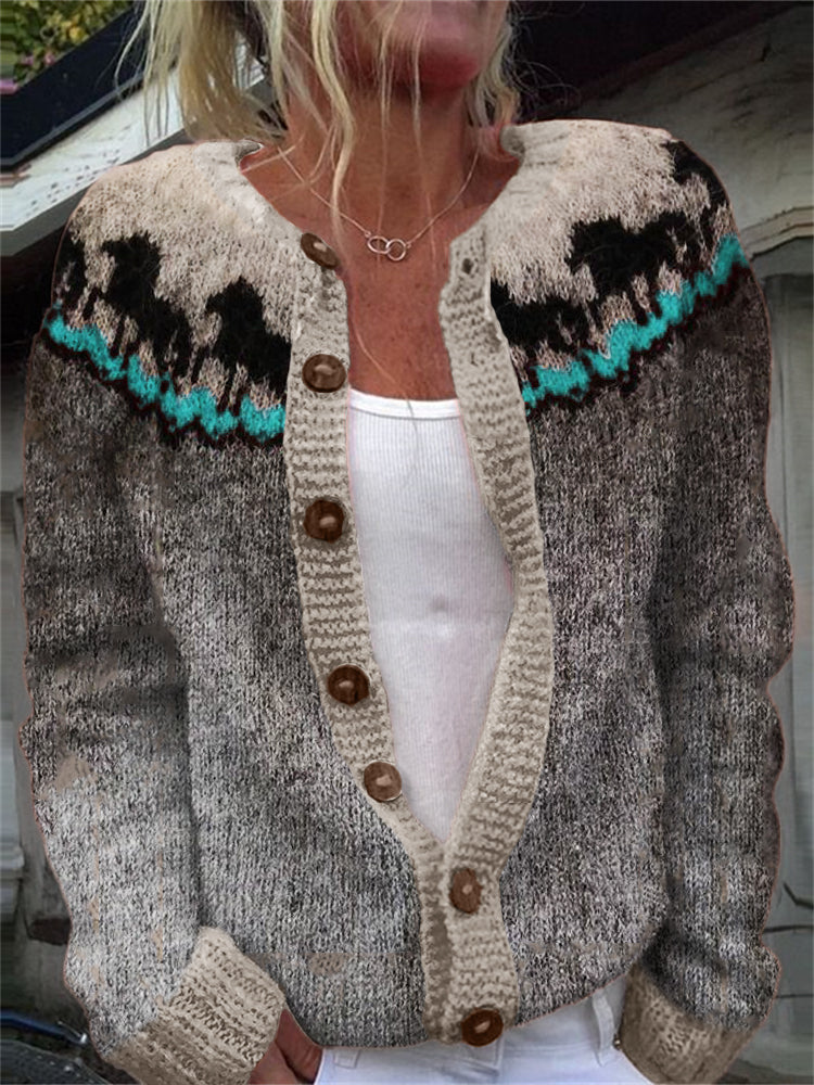 Running Horses Contrast Color Yoke Cozy Cardigan artswardrobe