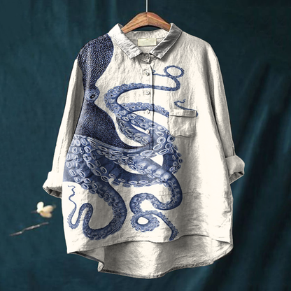 Comstylish Japanese Octopus Art Print Casual Blouse