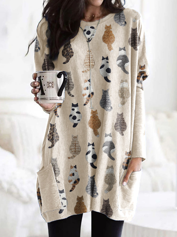 Cute Cats Embroidery Pattern Long Sleeve T-Shirt elevenforest