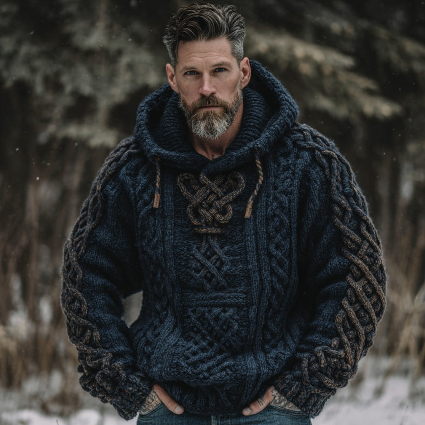 Men's Vintage Viking Celtic Knot Art Jacquard Chunky Knitted Cozy Hooded Sweater artswardrobe