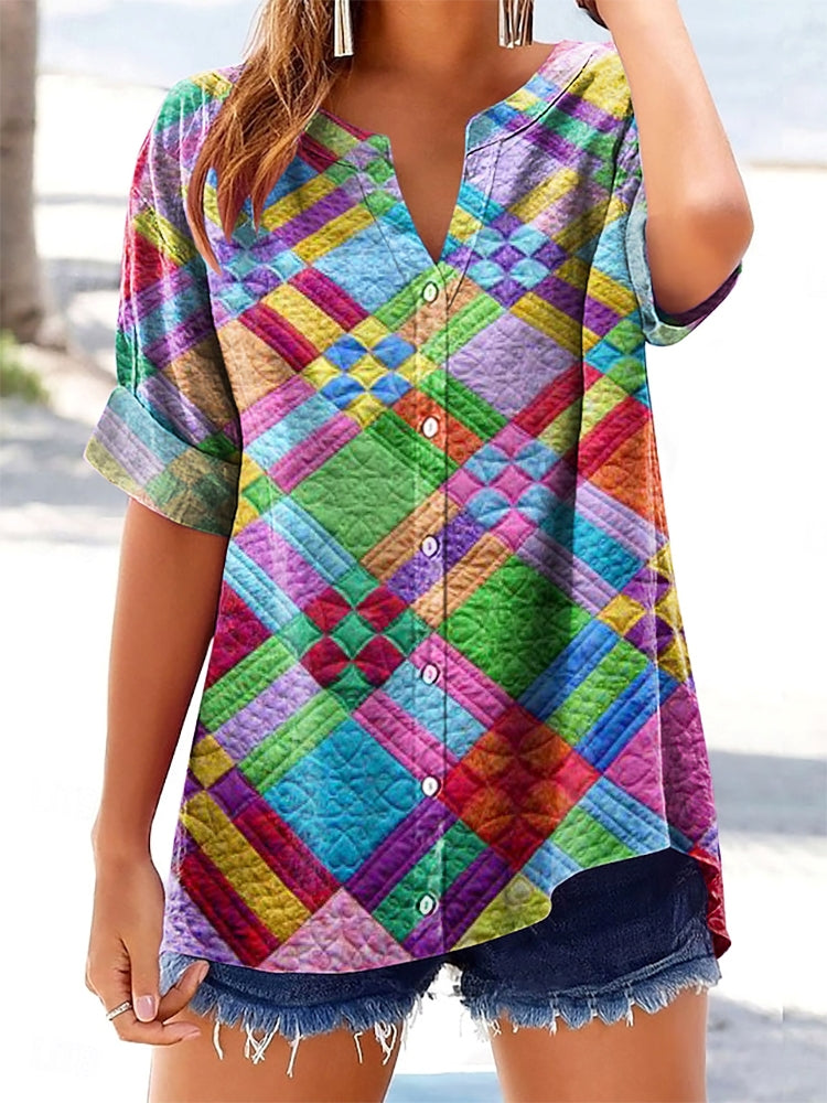 Women's Colorful Geometric Patchwork Art Print Short Sleeve Cotton and