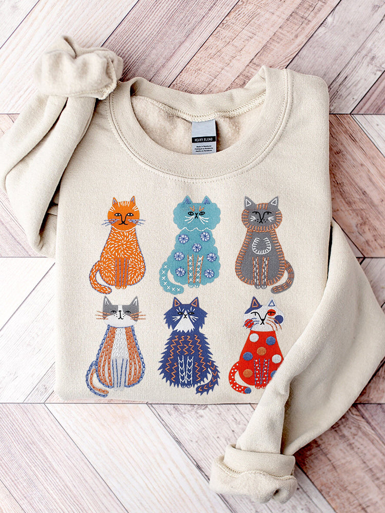 Cute Cats Embroidery Pattern Sweatshirt elevenforest