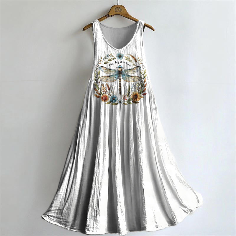 Women's Dragonfly Floral Art Print V-Neck Pocket Cotton Dress