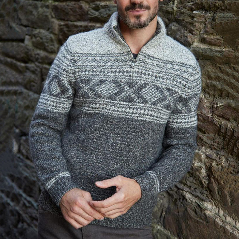 Retro Warm Knitted Contrast Jacquard Iceland Half Zip Collar Sweater elevenforest