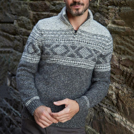 Retro Warm Knitted Contrast Jacquard Iceland Half Zip Collar Sweater elevenforest