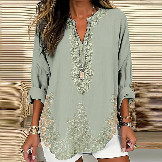Comstylish Women's Retro Floral Art Linen Print Casual Shirt
