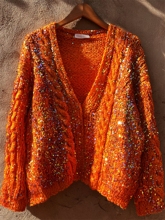 Vintage Glitter Sequins Cozy Cable Knit Cardigan elevenforest