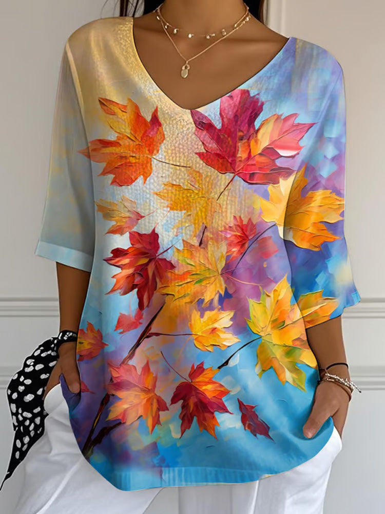 Women's Casual Autumn Maple Leaf Oil Painting Striped T-shirt artswardrobe