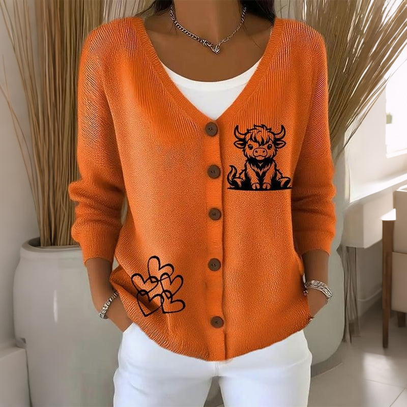 Women's Highland Cow Print V-neck Knit Cardigan artswardrobe
