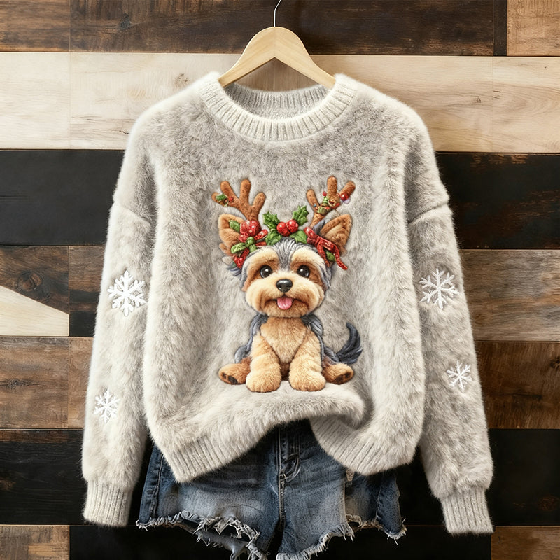 Christmas Reindeer And Dog Plush Warm Wool Pullover