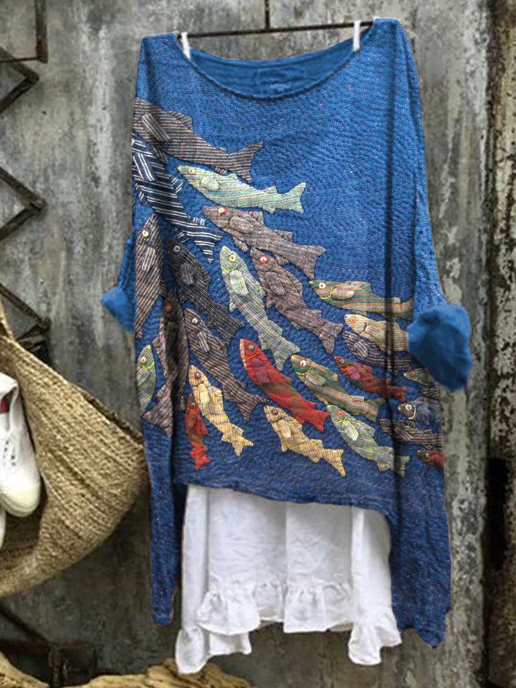 Comstylish Women's Vintage Fish Patchwork Art Linen Blend Shirt