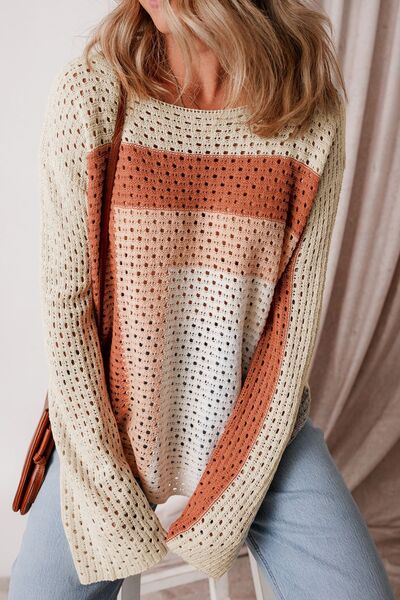 Ava® | Openwork, long-sleeved sweater with a color block design