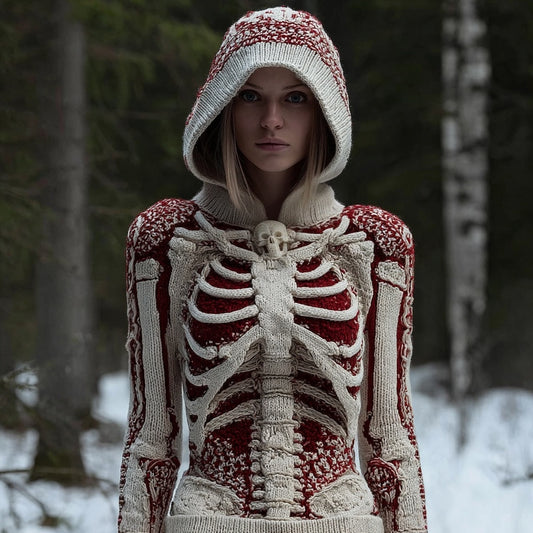 Vintage Skeleton Halloween Inspired Cozy Knit Hooded Sweater artswardrobe
