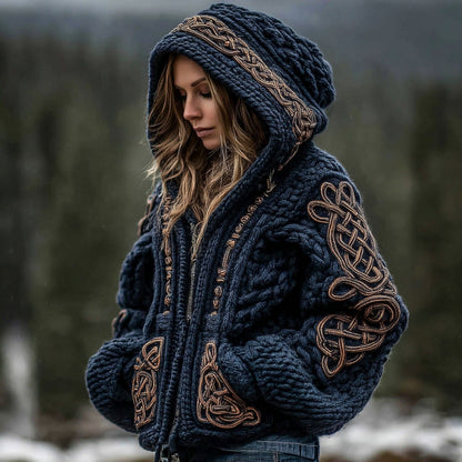 Women's Viking Celtic Knot Cozy Warm Knit Full Zip Hooded Sweater artswardrobe