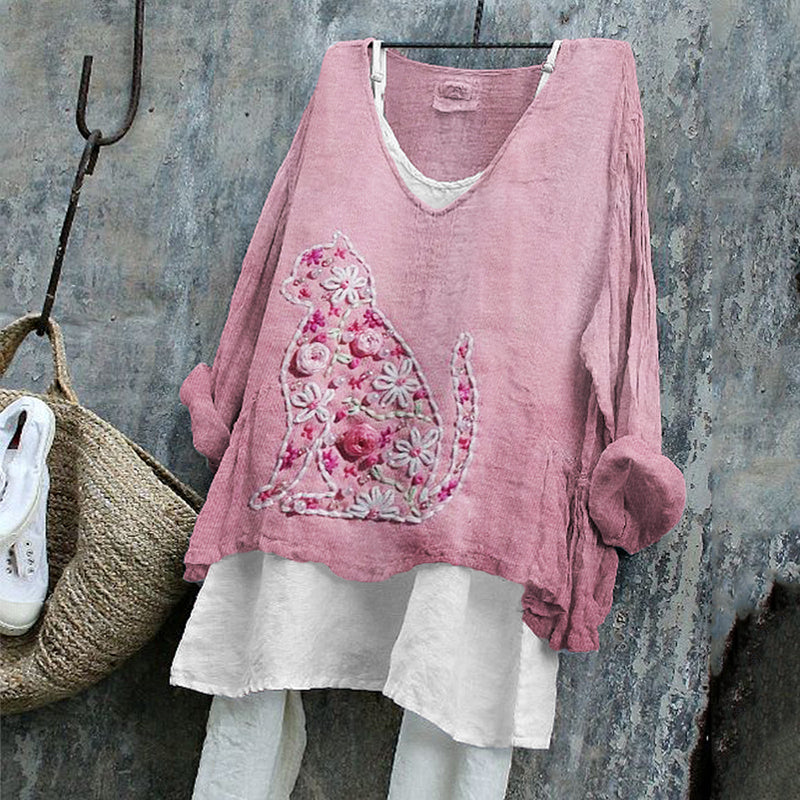Comstylish Pink Floral Cat Silhouette Embroidered Linen Tunic
