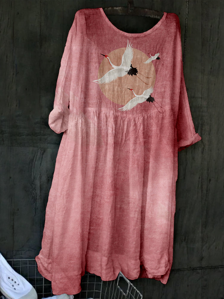 Flying Cranes Japanese Art Pattern Pleated Maxi Dress