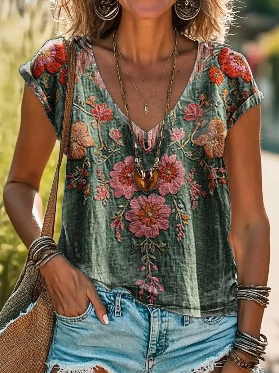 Women's Vintage Floral Art Print 100% Cotton V-Neck T-Shirt