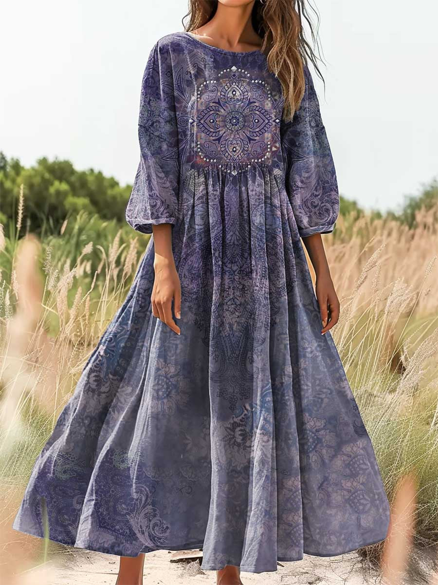 Women's Vintage Tattoo Pattern Art Print Cotton Crew Neck Dress