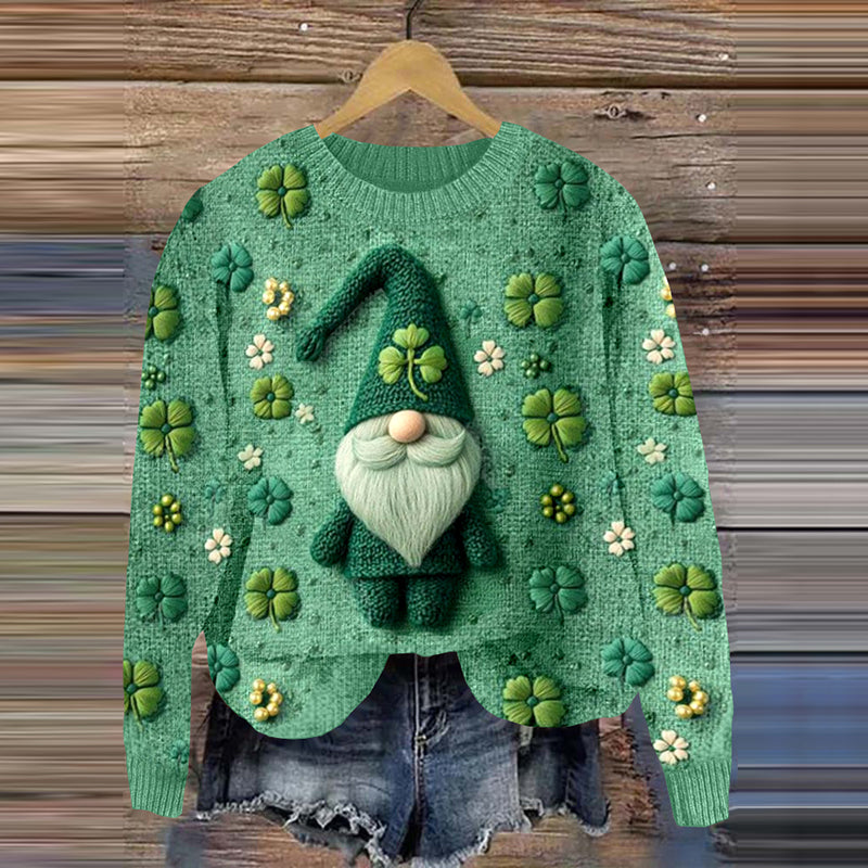 Women'S St Patrick Day Gnome Shamrock Embroidery Art Knitted Cozy Sweater elevenforest