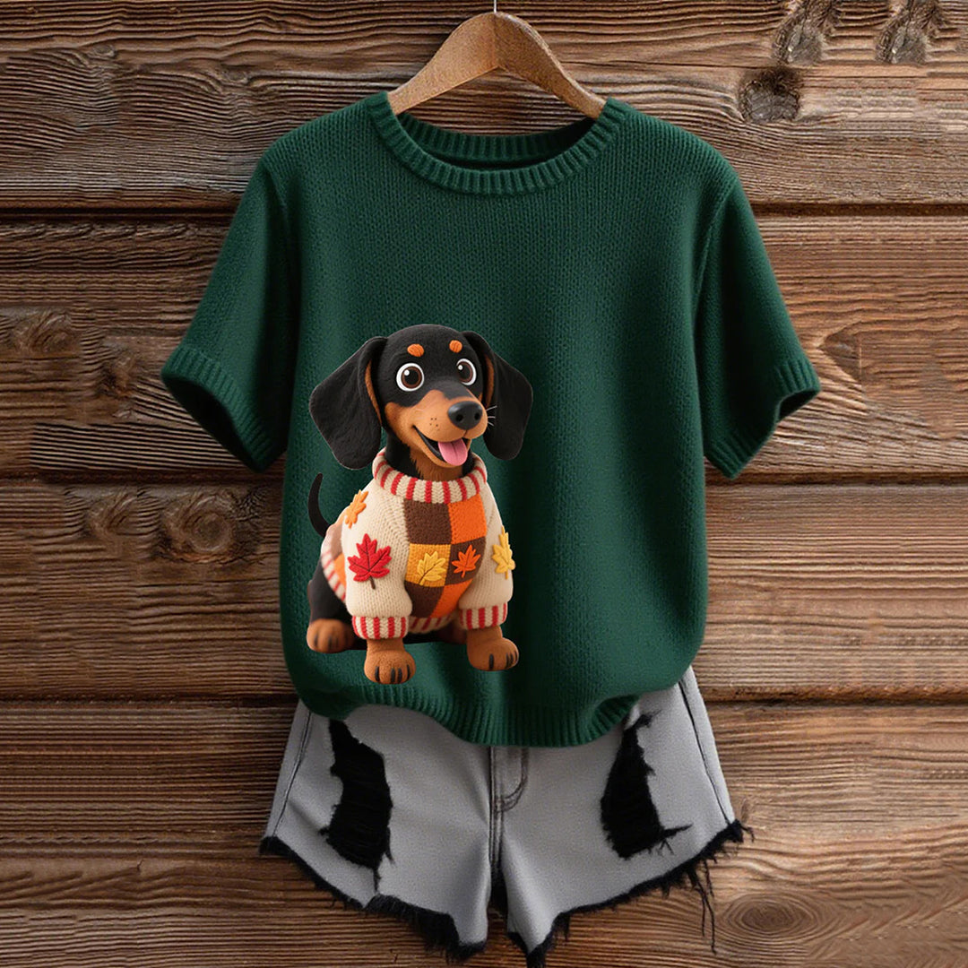 Vintage Dachshund With Felt In Autumn Inspired Embroidered Short Sleeve Cozy Knit Sweater elevenforest