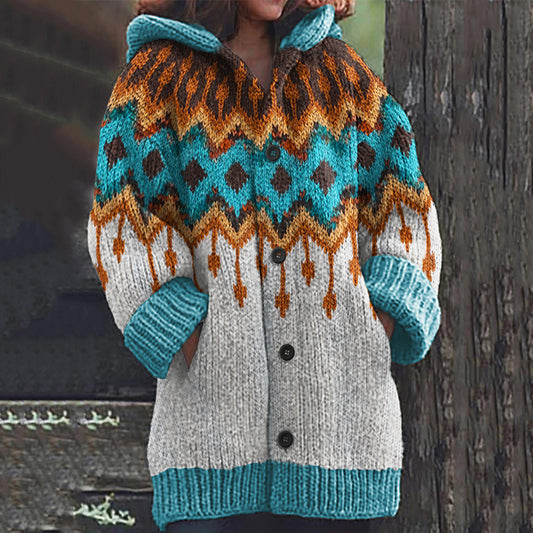 Vintage Tribal Icelandic Pattern Cozy Hooded Cardigan elevenforest
