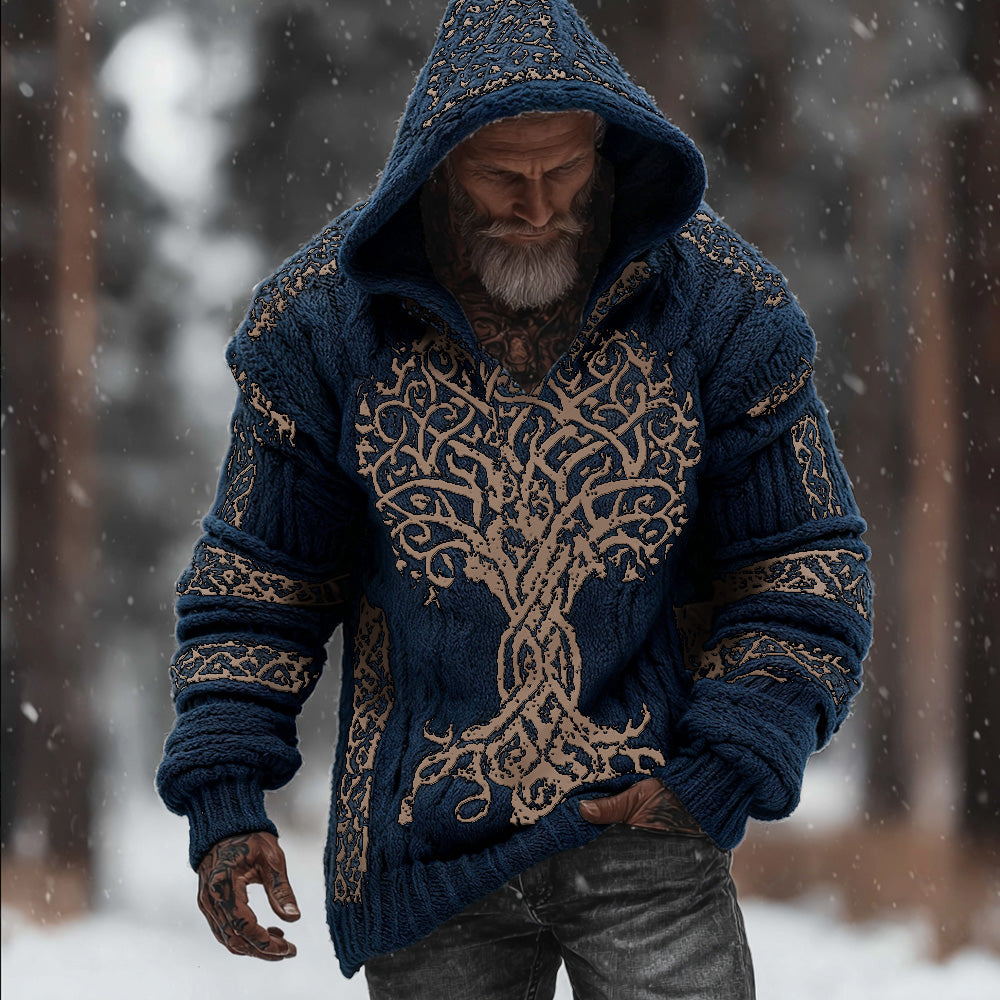 Men's Viking Style Flowering Tree Of Life Warm Thick Needle Hooded Sweater artswardrobe