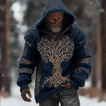 Men's Viking Style Flowering Tree Of Life Warm Thick Needle Hooded Sweater artswardrobe