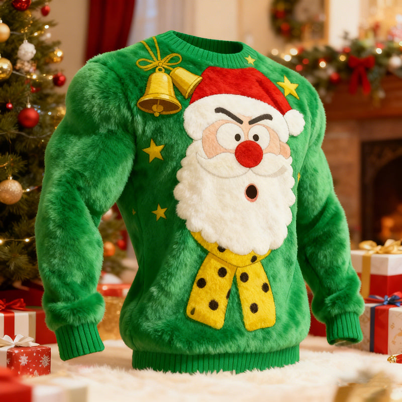 Comstylish Men's Fun Santa Claus Pattern Plush Warm Crew Neck Sweater