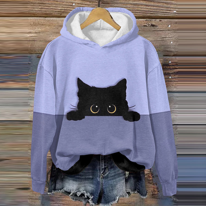 Comstylish Abstract Creative Peek-A-Boo Black Cat Pattern Print Casual Sweatshirt