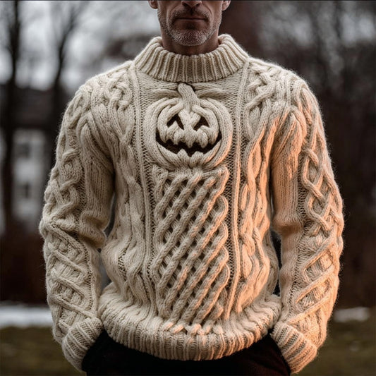 Men's Halloween Pumpkin Face Jacquard Chunky Turtleneck Sweater artswardrobe