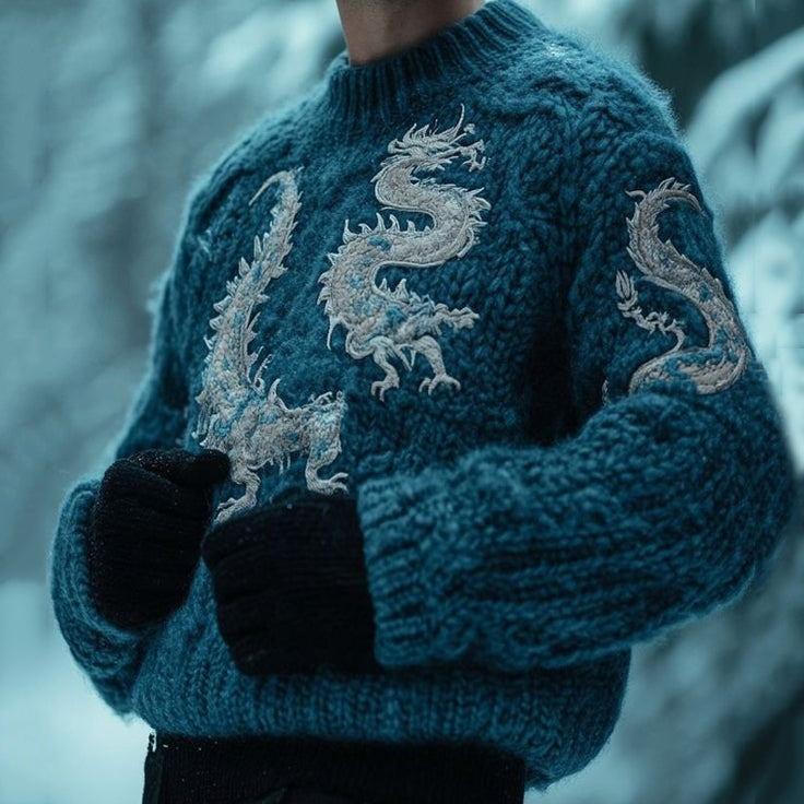 Men'S Retro Dragon Pattern Chunky Knitted Sweater elevenforest
