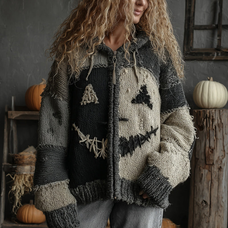 Halloween Pumpkin Face Patchwork Art Cozy Knit Hooded Cardigan artswardrobe