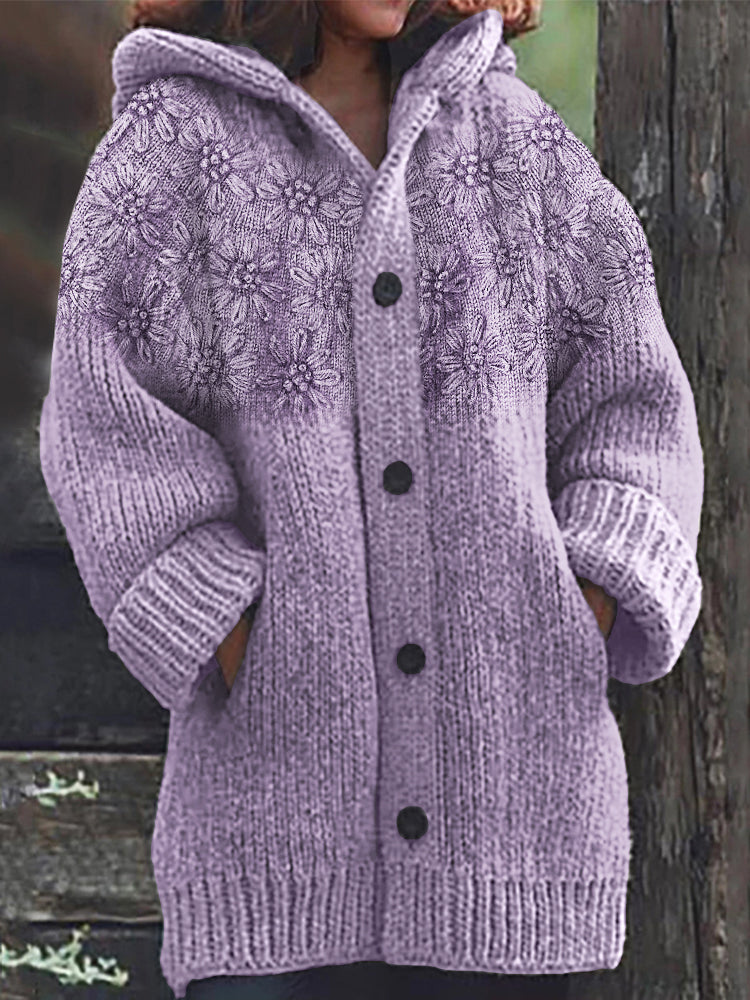 Classy 3d Floral Yoke Jacquard Cozy Knit Hooded Cardigan artswardrobe