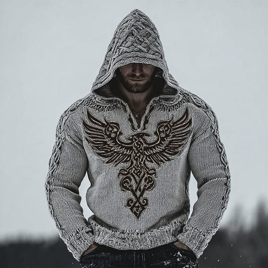 Men's Viking Valhalla Eagle Embroidered Cozy Hooded Sweater elevenforest