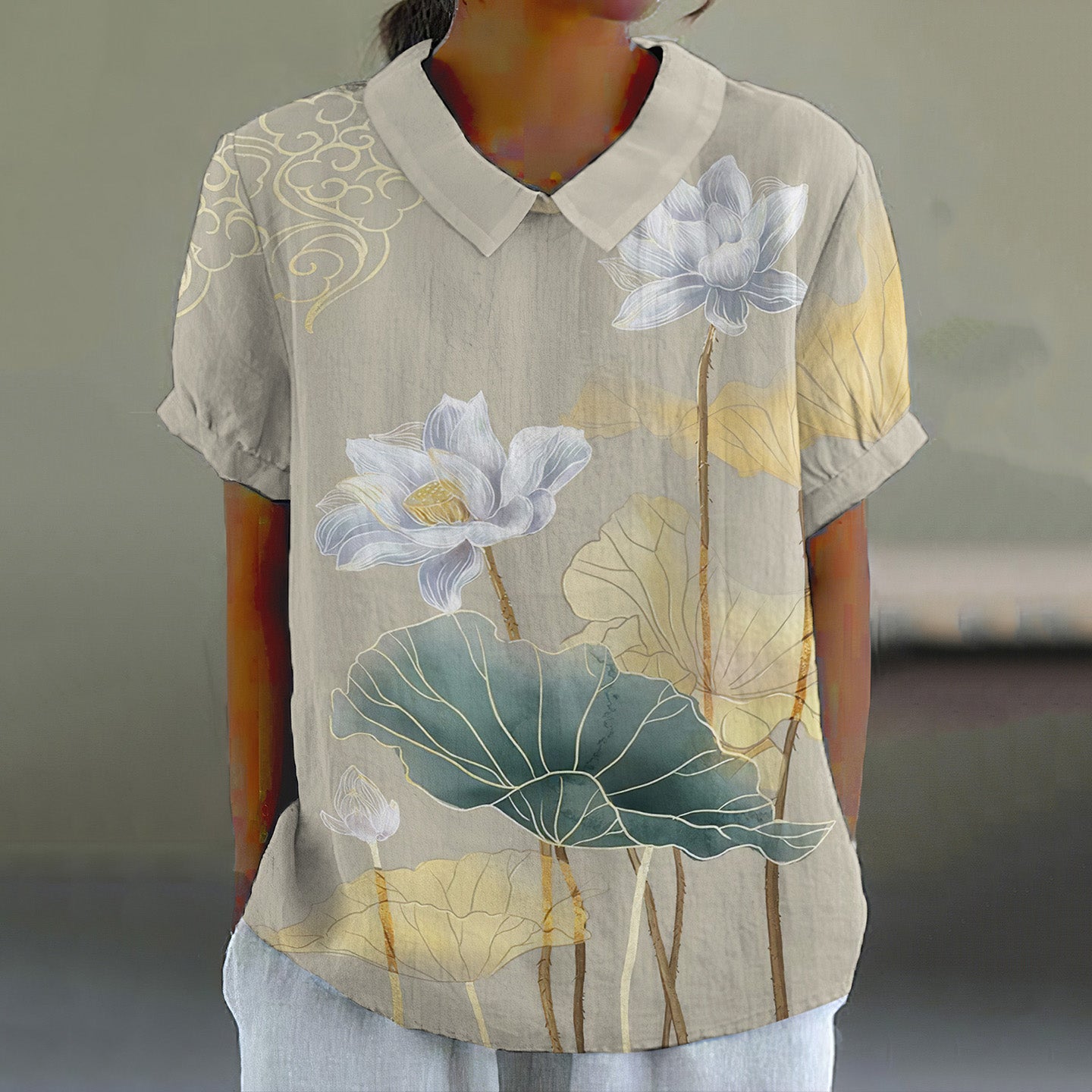 Comstylish Casual Water Lily Print Women'S Top