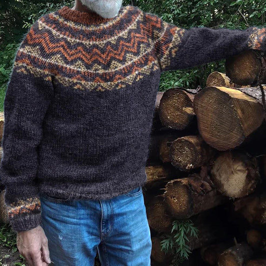 Men's Retro Geometry Wave Pattern Jacquard Icelandic Cozy Knit Sweater elevenforest