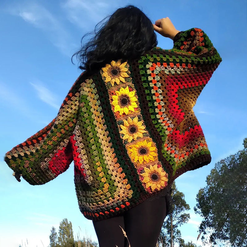 Comstylish Women's Sunflower Patchwork Art Cozy Knit Sweater Cardigan