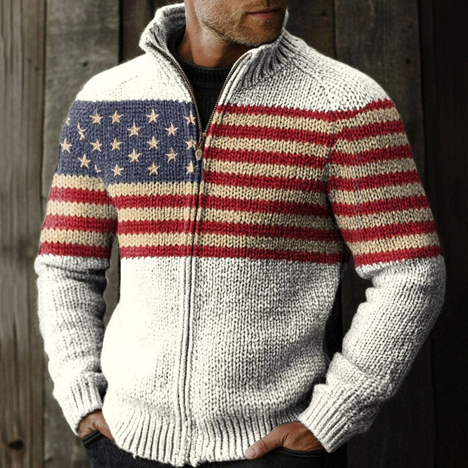 Vintage Usa Flag Patriotic Art Simplicity Print Knit Stand Collar Zip Up Sweater elevenforest