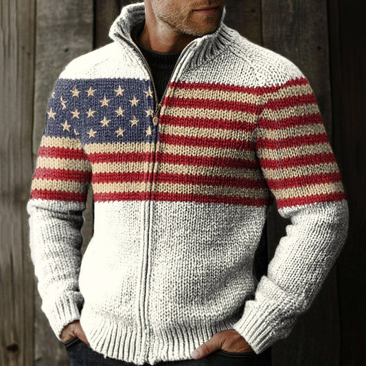 Vintage Usa Flag Patriotic Art Simplicity Print Knit Stand Collar Zip Up Sweater elevenforest