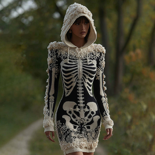 Women's Vintage Halloween Skeleton Bones With Rose Art Cozy Knit Hooded Sweater Dress artswardrobe