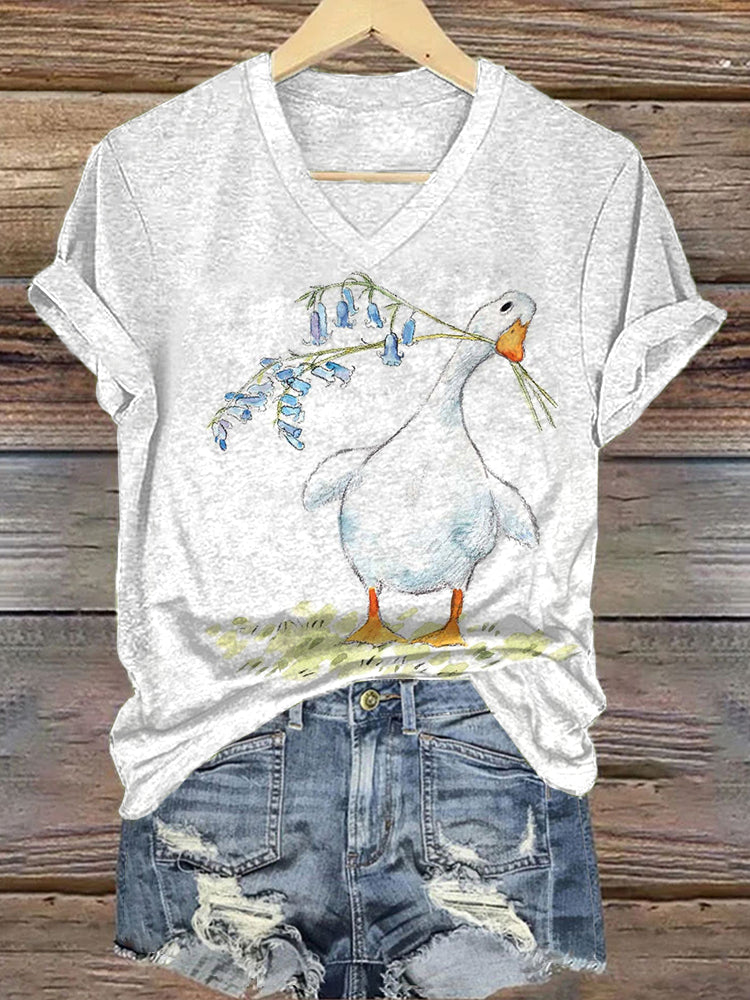 Comstylish Duck And Bluebell Art Print V-Neck T-Shirt