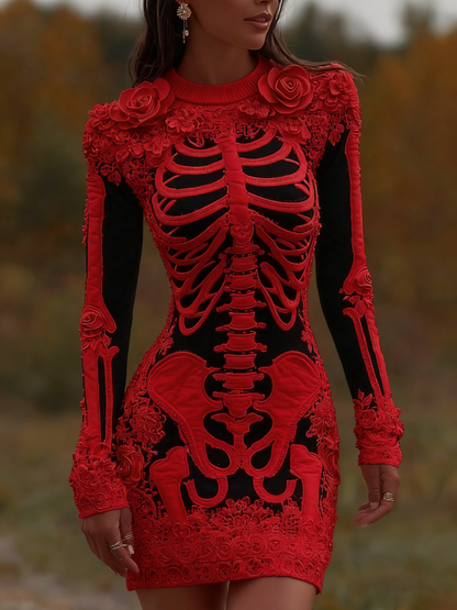 Women's Vintage Halloween Skeleton Bones With Rose Art Cozy Knit Mini Sweater Dress artswardrobe
